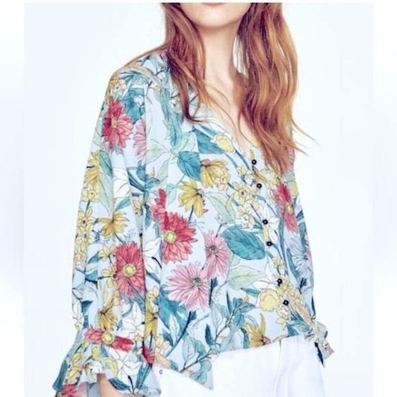 Zara Tops - ZARA Basic Collection Green Floral Bow Blouse